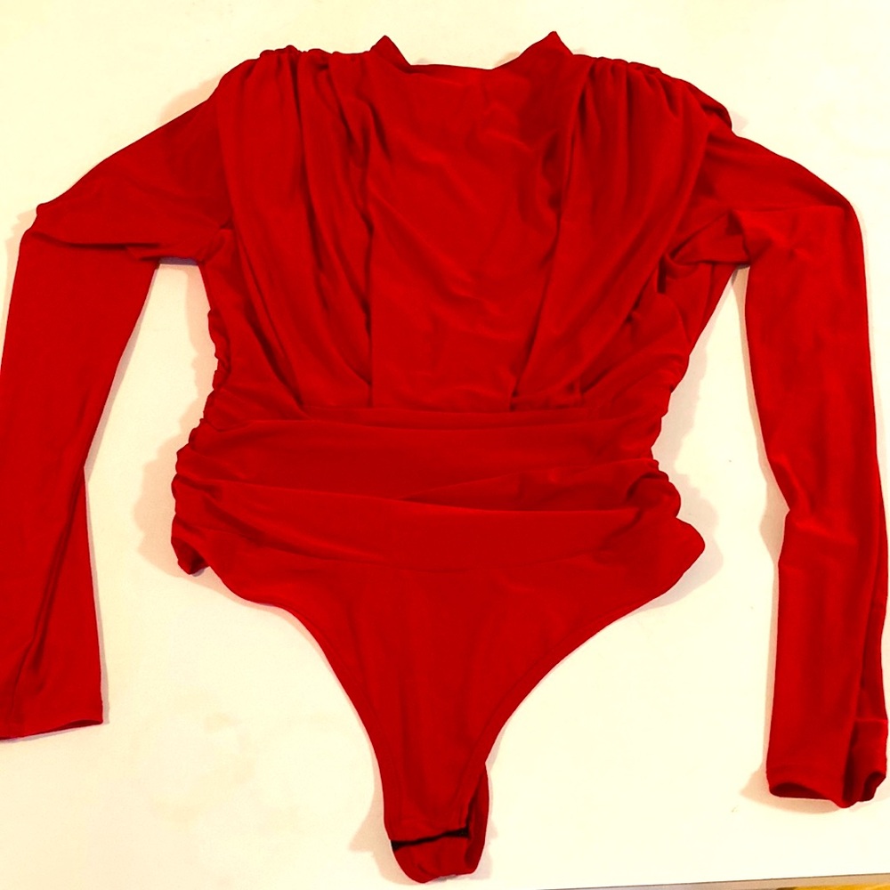 Fashion nova deep red high neck open back broad shoulder thong bodysuit
